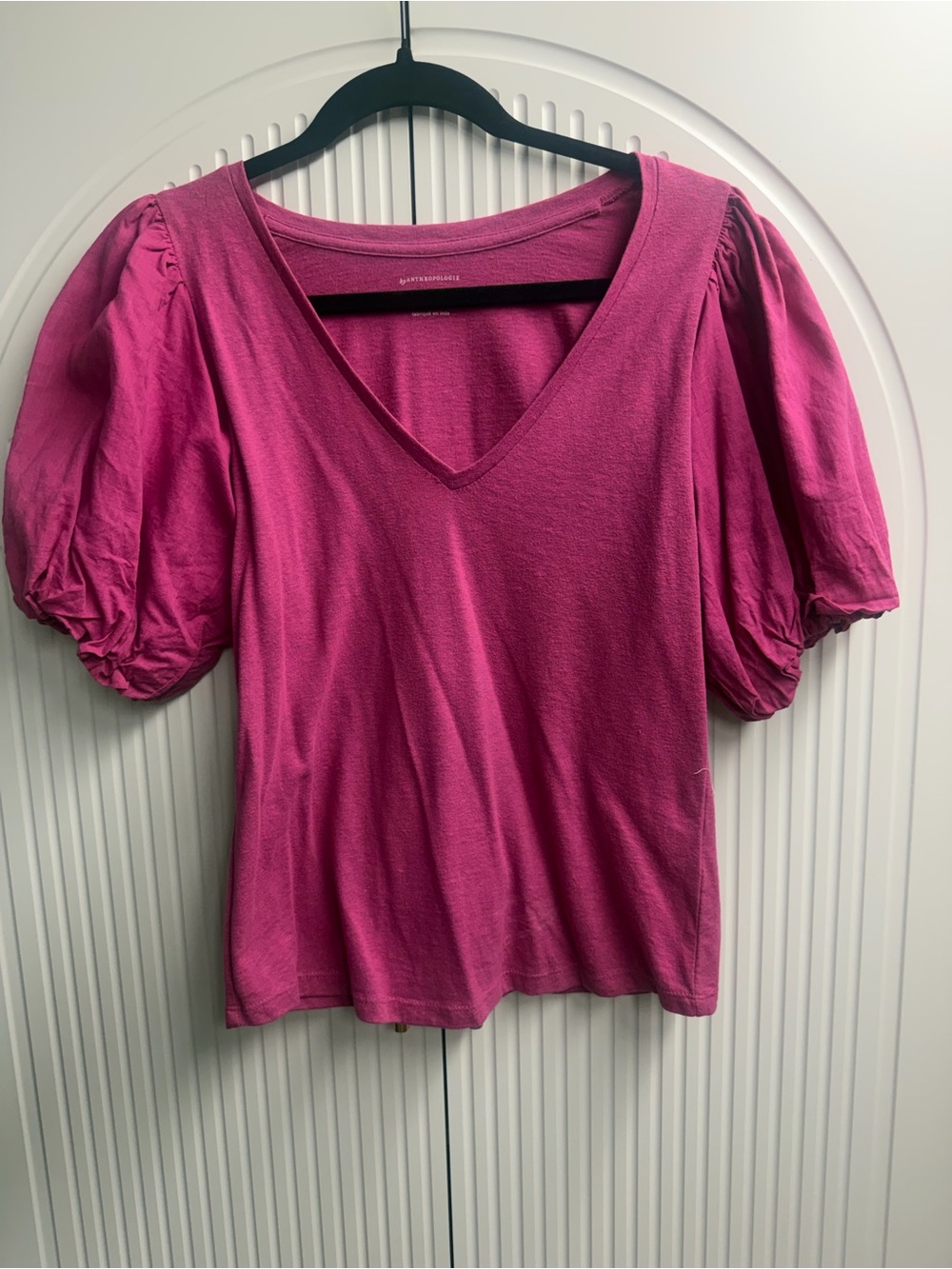 Anthropologie  Pink Puff Sleeve V-Neck Top